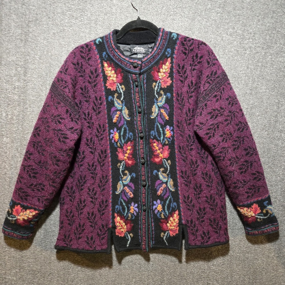 Icelandic Design Womens XL Cardigan Wool Blend Embroidery Lined Purple Floral